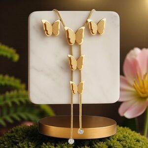18k Gold Plated Lariat Necklace Earrings Set Stainless Steel Butterfly Y-Drop